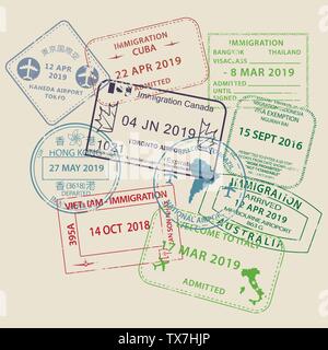 Satz von International Travel Visa Reisepass Stempel Symbole für die Eingabe zu Australien, Thailand, Brasilien, Kanada, Kuba, Hongkong, Indonesien, Vietnam mit g Stock Vektor