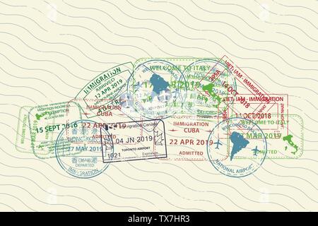 Verschiedene International Travel Visa Reisepass Stempel Symbole für die Eingabe zu Australien, Thailand, Brasilien, Kanada, Kuba, Hongkong, Indonesien, Vietnam Stock Vektor