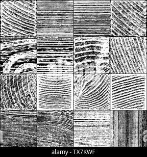 Der Vektor realistische Holz- Textur. Schwarz und Weiß Grunge Hintergrund. Overlay körnig Texturiert. Dunkle rauhe Geräusche Partikel. Illustration, EPS 10. Stock Vektor