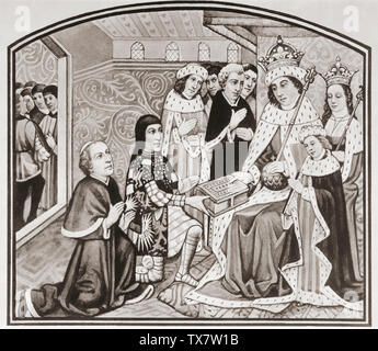 Anthony Woodville, 2. Earl Rivers (kniend, zweiter von links, trug einen Waffenrock anzeigen seine armorials) und William Caxton (kniend, 1. links) präsentiert das erste gedruckte Buch in Englisch (Dictes und Sprüchen der Philosophen) zu König Edward IV und Woodville's Schwester, Königin Elisabeth. Von einer zeitgenössischen Drucken, c 1935. Stockfoto