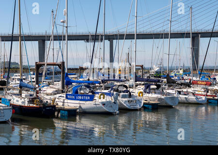 Port Edgar Marina, mit Queensferry Crossing Road Bridge im Hintergrund, Queensferry, Schottland, UK Stockfoto