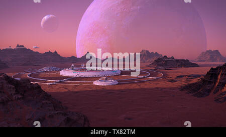 Die menschliche Basis auf der Oberfläche eines fremden Planeten Kolonie auf exoplanet Stockfoto