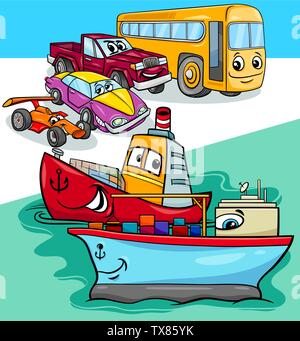 Cartoon Abbildung: Lustige Autos und Schiffe Fahrzeuge Comicfiguren Gruppe Stock Vektor