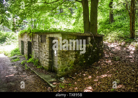 Chemie Halle im Wald in der Nähe der Forschung Institut Krankenhaus mit Warnung chemische Gefahr Schild an der Tür versteckt. Giftigen Müll in die gruselige Grün Stockfoto