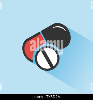 Pillen Farbe Symbol mit Schatten auf blauem Hintergrund. Medizin Vector Illustration Stock Vektor