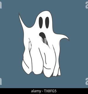 Cute Cartoon White Ghost auf dunklem Hintergrund. Vector Illustration für ihr Design, Game, Karte. Stock Vektor