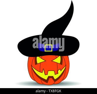 Cute Cartoon Halloween Kürbis mit lustigen Gesicht, auf weißem Hintergrund für ihr Design, Game, Karte isoliert. Schwarzer Hexenhut auf Kürbis. Jack-O-Lantern. Stock Vektor