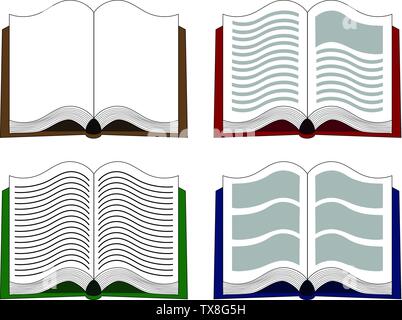 Buch öffnen Vector Icons im Comic-stil. Studium und Wissen, Bibliothek und Bildung, Wissenschaft und Literatur. Vector Illustration für Ihr Design. Stock Vektor