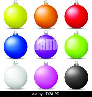 Bunte Weihnachtskugeln Set isoliert auf weißem Hintergrund. Urlaub Weihnachten Spielzeug für Tanne. Vector Illustration für Ihr Design. Stock Vektor