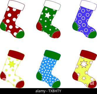 Set aus bunten Weihnachten Socken. Verschiedene Sockings in Cartoon Flat Style. Vector Illustration für Ihr Design. Stock Vektor
