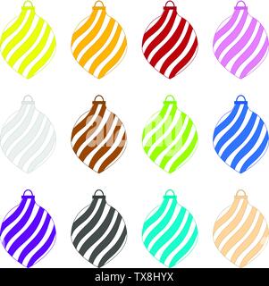 Bunte Weihnachten Spirale Spielzeug Set isoliert auf weißem Hintergrund. Urlaub Weihnachten Swirl Spielzeug für Tanne. Cartoon Stil. Vector Illustration. Stock Vektor