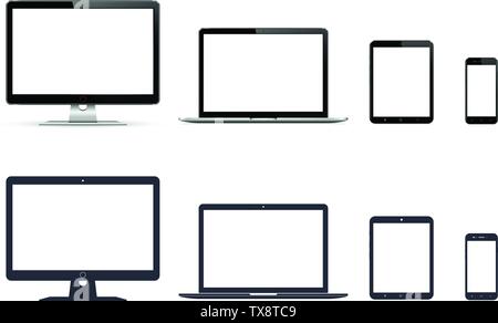 Realistische Satz Monitor, Laptop, Tablet PC, Smartphone und ihre Symbole Stock Vektor