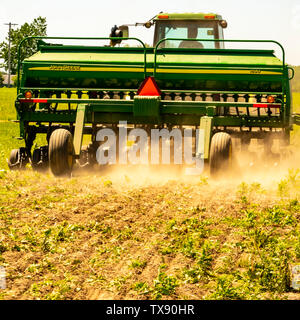 Landwirt gelenkt eine Frühling-ernte Feld im Frühling vor dem Einpflanzen. Stockfoto