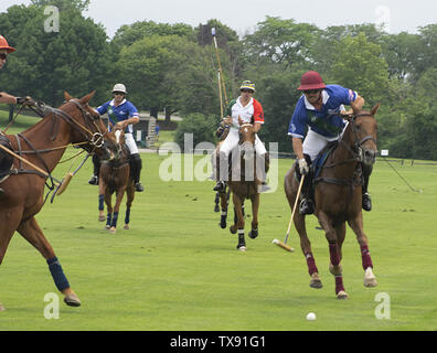 Oak Brook, Illinois, USA. 23. Juni 2019. Die Mexiko internationale Polo Club konkurriert mit dem Oak Brook Polo Club, der Butler Challenge Cup am Sonntag, 23. Juni 2019 in Oak Brook, Illinois (ein Vorort von Chicago) gehostet werden. Endstand war 8 bis 6 mit Oak Brook verdienen den Gewinnen. Die Michael Butler Familie war an Hand der Trophäe zu präsentieren. Credit: Karen I. Hirsch/ZUMA Draht/Alamy leben Nachrichten Stockfoto