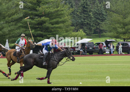 Oak Brook, Illinois, USA. 23. Juni 2019. Die Mexiko internationale Polo Club konkurriert mit dem Oak Brook Polo Club, der Butler Challenge Cup am Sonntag, 23. Juni 2019 in Oak Brook, Illinois (ein Vorort von Chicago) gehostet werden. Endstand war 8 bis 6 mit Oak Brook verdienen den Gewinnen. Die Michael Butler Familie war an Hand der Trophäe zu präsentieren. Credit: Karen I. Hirsch/ZUMA Draht/Alamy leben Nachrichten Stockfoto