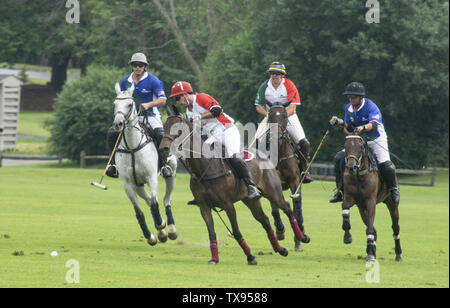 Oak Brook, Illinois, USA. 23. Juni 2019. Die Mexiko internationale Polo Club konkurriert mit dem Oak Brook Polo Club, der Butler Challenge Cup am Sonntag, 23. Juni 2019 in Oak Brook, Illinois (ein Vorort von Chicago) gehostet werden. Endstand war 8 bis 6 mit Oak Brook verdienen den Gewinnen. Die Michael Butler Familie war an Hand der Trophäe zu präsentieren. Credit: Karen I. Hirsch/ZUMA Draht/Alamy leben Nachrichten Stockfoto