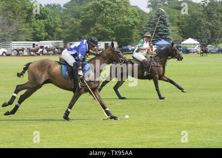 Oak Brook, Illinois, USA. 23. Juni 2019. Die Mexiko internationale Polo Club konkurriert mit dem Oak Brook Polo Club, der Butler Challenge Cup am Sonntag, 23. Juni 2019 in Oak Brook, Illinois (ein Vorort von Chicago) gehostet werden. Endstand war 8 bis 6 mit Oak Brook verdienen den Gewinnen. Die Michael Butler Familie war an Hand der Trophäe zu präsentieren. Credit: Karen I. Hirsch/ZUMA Draht/Alamy leben Nachrichten Stockfoto