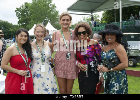 Oak Brook, Illinois, USA. 23. Juni 2019. Die Mexiko internationale Polo Club konkurriert mit dem Oak Brook Polo Club, der Butler Challenge Cup am Sonntag, 23. Juni 2019 in Oak Brook, Illinois (ein Vorort von Chicago) gehostet werden. Endstand war 8 bis 6 mit Oak Brook verdienen den Gewinnen. Die Michael Butler Familie war an Hand der Trophäe zu präsentieren. Im Bild: Polo Enthusiasten Credit: Karen I. Hirsch/ZUMA Draht/Alamy leben Nachrichten Stockfoto