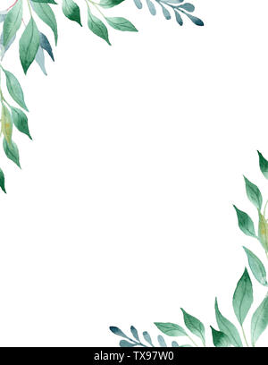 Grüne Blätter aquarell Hand gezeichnet Raster frame Vorlage. Olivenzweige Ecken mit Copyspace. Blumen Abbildung Postkarte. Hochzeit Einladung mit Stockfoto