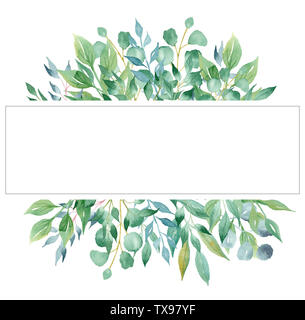 Zweige aquarelle Hand gezeichnet Raster frame Vorlage. Oliven- und Lorbeerblätter Linie Grenze für Text. Natürlichen, grünen Poster, Banner Dekor. Summertim Stockfoto