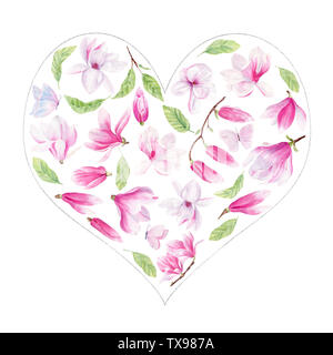 Magnolia und Schmetterling aquarell Hand gezeichnet Raster im Rahmen gesetzt. Blühende Blumen line Rand Sammlung. Blüte rosa, lila Blumen Dekor Stockfoto