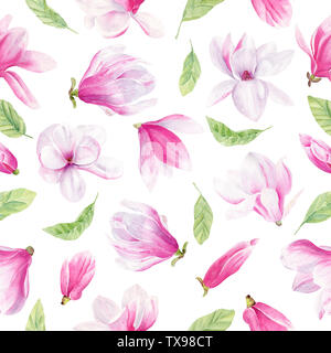 Magnolia Blumen und Blätter Hand gezeichnet Aquarell nahtlose Muster. Exotische Blumen blühen Raster Textur. Sanfte Pastellfarben Blütenblätter auf weißem Hintergrund. Clos Stockfoto