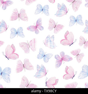 Süße Schmetterlinge Hand gezeichnet Aquarell nahtlose Muster. Animalische design Raster Textur. Bunte, lebendige Darstellung auf weißem Hintergrund. Wunder Stockfoto