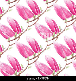 Magnolia branch Hand gezeichnet Aquarell nahtlose Muster. Blühende exotische Blume raster Textur. Geschlossen Blütenköpfe auf weißem Hintergrund. Sanfte rosa b Stockfoto