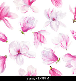 Magnolia Flower Hand gezeichnet Aquarell nahtlose Muster. Blume und Blüte natürliche Raster Textur. Bunte, mit Blumenmustern Elemente auf weißem Hintergrund. Blosso Stockfoto