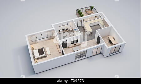 Modernes Design, isolierte Grundriss mit weißen Wänden, Blaupause von Wohnung, Haus, Möbel, kubisch, perspektivische Ansicht, 3D-Rendering Stockfoto