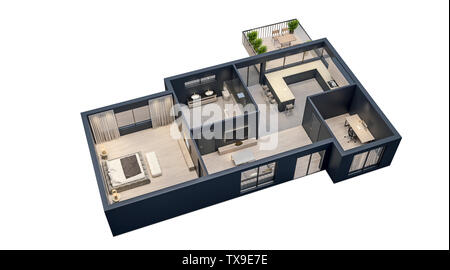 Modernes Design, isolierte Grundriss mit schwarzen Wänden, Blaupause von Wohnung, Haus, Möbel, kubisch, perspektivische Ansicht, 3D-Rendering Stockfoto