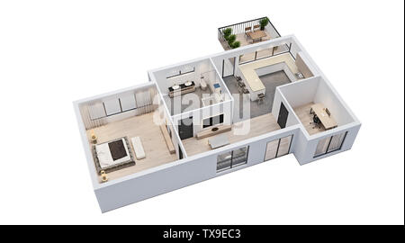 Modernes Design, isolierte Grundriss mit weißen Wänden, Blaupause von Wohnung, Haus, Möbel, kubisch, perspektivische Ansicht, 3D-Rendering Stockfoto