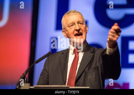 Bild von Chris Bull 22/06/19 Abstimmung Hilary Benn MP der Rallye im neuen Dock Hall, Leeds. www.chrisbullphotographer.com Stockfoto