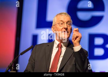 Bild von Chris Bull 22/06/19 Abstimmung Hilary Benn MP der Rallye im neuen Dock Hall, Leeds. www.chrisbullphotographer.com Stockfoto