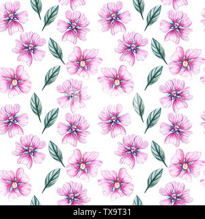 Nahtlose Muster mit Wildblumen. Aquarell Abbildung mit Malve und grünen Blättern. Malve. Sommer Konzept. Hintergrund für Grußkarten, fabric Stockfoto