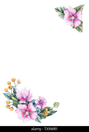 Vertikale rechteckige festliche Vorlage für Text mit Wildblumen. Floral Karte mit rosa Blüten, Blätter und Knospen der Malve. Herbst, Frühling und Sommer s Stockfoto