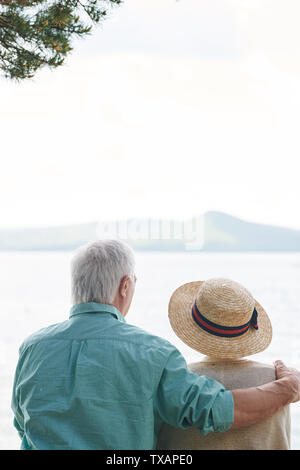 Ansicht der Rückseite des liebevollen älteren Ehegatten sitzen vor dem See Stockfoto