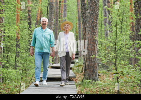 Glücklich im Alter pensionierter Mann und Frau Holding durch die Hände Stockfoto