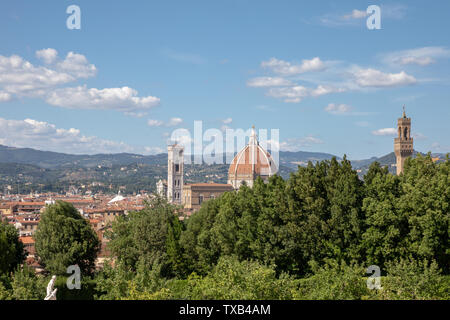 Panoramablick auf das historische Zentrum der Stadt Florenz in Italien von der Boboli-garten (Giardino di Boboli) ist ein Park. Tag Sommer und blauer Himmel. Stockfoto