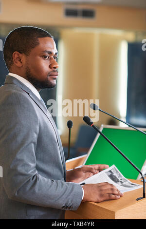 Schwerwiegende oder nachdenkliche junge elegante Delegieren mit Papieren Stockfoto