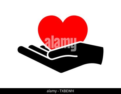 Herz in der Hand. Geben Herz logo Vorlage für Transplantationen, Orgel, Spende, Liebe, Gesundheit, freiwillige, gemeinnützige Organisation, isoliert auf weißem Hinterg Stock Vektor