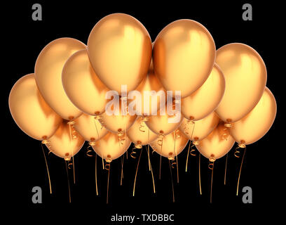 Golden party Ballon fliegen. happy birthday Dekoration Luxus gelb. Gruppe von Helium Luftballons glänzend. Urlaub, Jubiläum, Feier Symbol. 3d Stockfoto