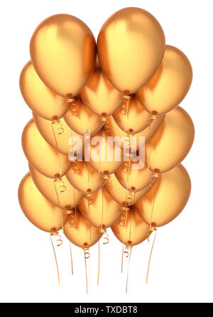 Luftballon golden fliegen. happy birthday Dekoration Luxus gelb. Gruppe von Helium Luftballons glänzend. Urlaub, Jubiläum, Feier Symbol. 3d Stockfoto