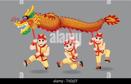 Männer die traditionelle chinesische Drachentanz. Mit verschiedenen Beiträge und Farben. Isoliert. Stock Vektor