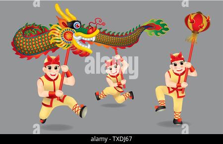 Männer die traditionelle chinesische Drachentanz. Mit verschiedenen Beiträge und Farben. Isoliert. Stock Vektor