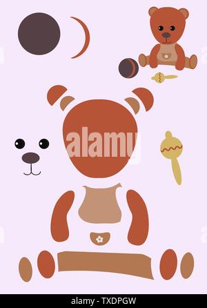 Schneiden und Kleben. Baby tragen. Brauner Teddybär. Kugel und Sitzsack. Bildung Papier Spiel für preshool Kinder, mit Schere und Klebstoff die Zierleiste zu erstellen, Stock Vektor