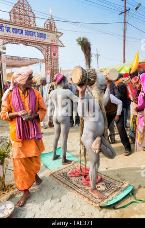 Sadhus Durchführung einer Zeremonie, nur für den redaktionellen Gebrauch, Allahabad Kumbh Mela, der weltweit größte religiöse Versammlung, Uttar Pradesh, Indien Stockfoto