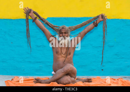 Rom Baba Sadhu mit seinen Dreadlocks aus, nur für den redaktionellen Gebrauch, Allahabad Kumbh Mela, der weltweit größte religiöse Versammlung, Uttar Pradesh, Indien Stockfoto