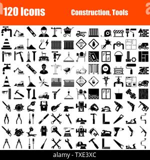 Satz von 120 Icons. Bau- und Tools Themen. Schwarze Farbe Stencil Design. Vector Illustration. Stock Vektor
