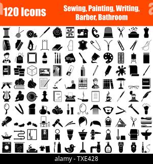 Satz von 120 Icons. Nähen, Malen, Schreiben, Friseur, Badezimmer Themen. Schwarze Farbe Stencil Design. Vector Illustration. Stock Vektor